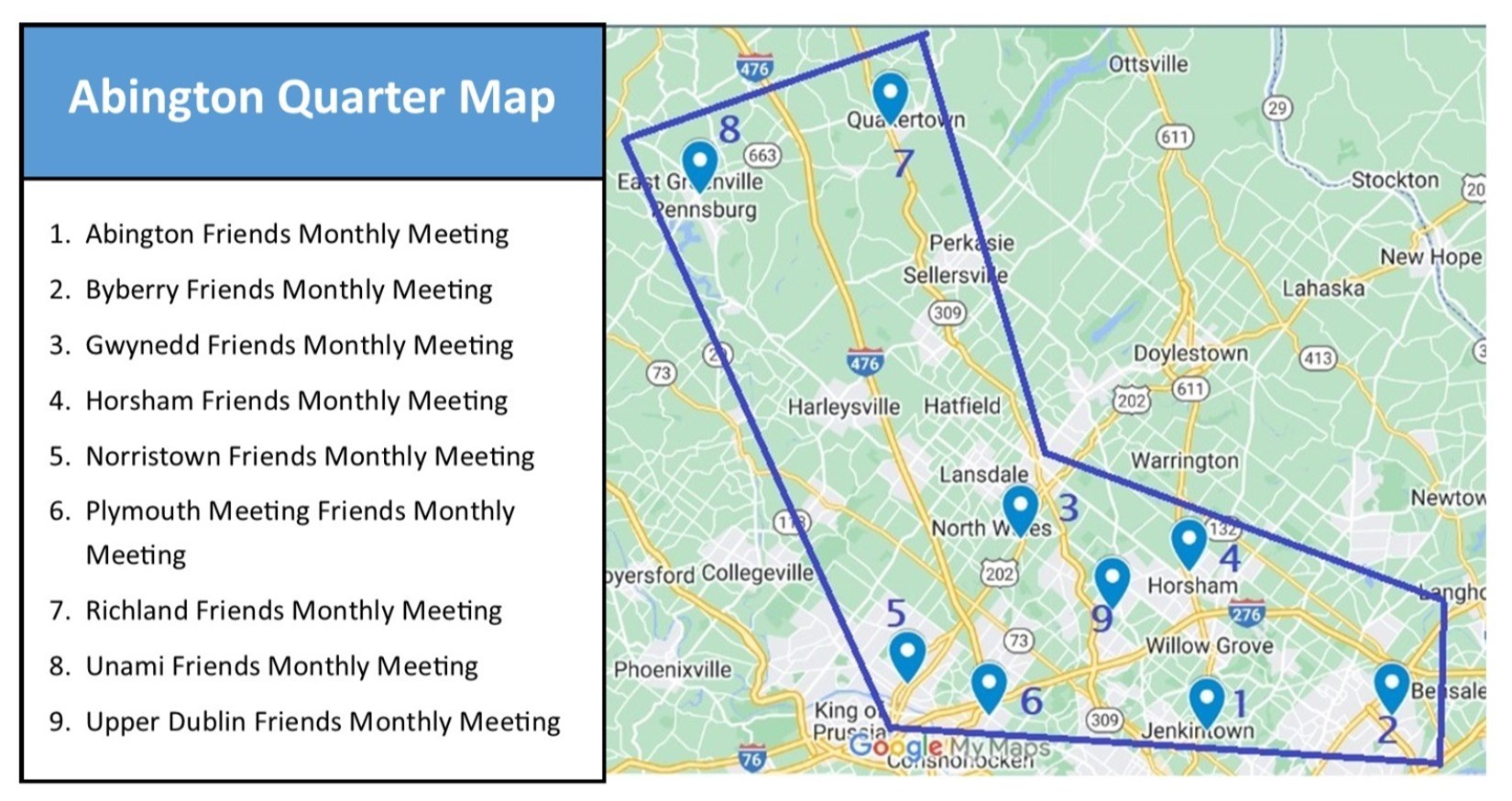 Map of 9 Meetinghouses Locatio